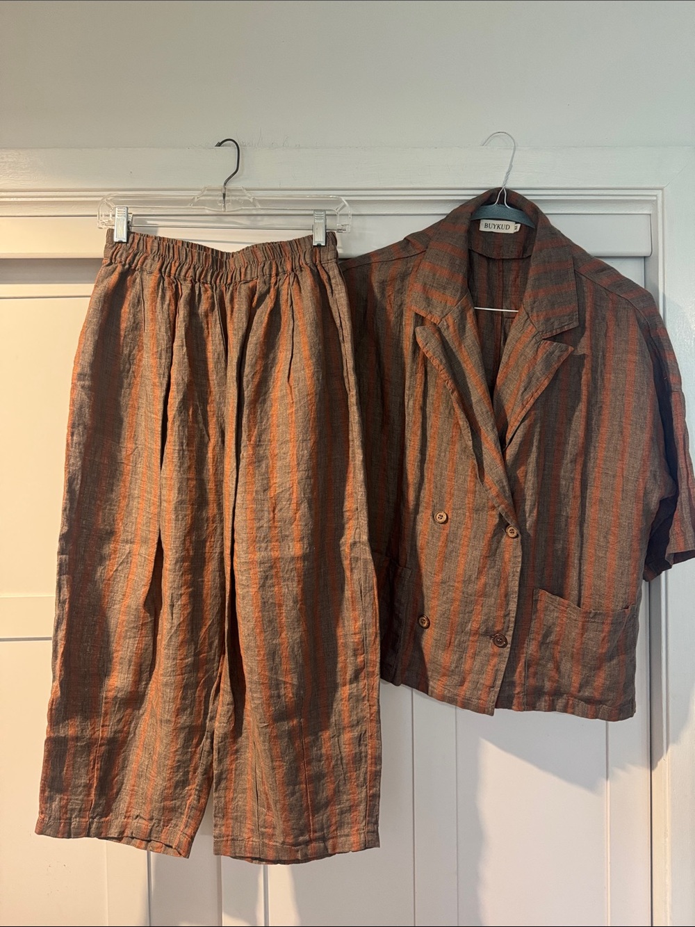 Buykud Relaxed Striped Wide-Leg Linen Blend Pants & blazer set Brown & Orange